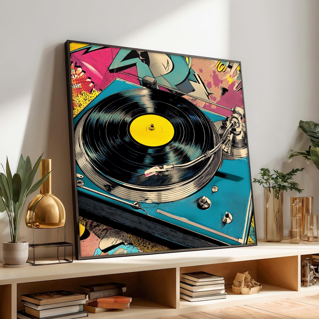 Comic Style Turntable Canvas Painting, Pop Art Vinyl Record Wall Art ...