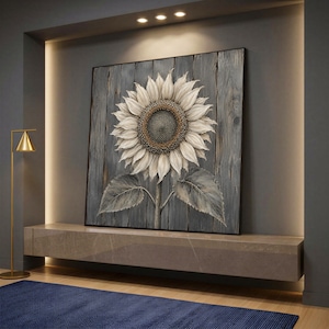 White Sunflower Canvas Wall Art, Rustic Wood Flower Painting, Farmhouse Floral Print, Grey Botanical Decor, Neutral Nature Artwork