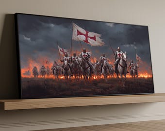 Knight Templar Canvas Painting, Crusader Army Wall Art with Fire and Cross Flags, Medieval Warrior Decor for Office or Man Cave, Unique Gift