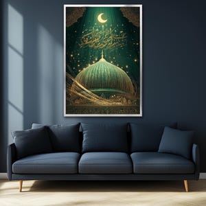 May include: A framed art print featuring a mosque dome in shades of green and gold. The artwork includes Arabic calligraphy, a crescent moon, and sparkling lights against a dark green background. The print is displayed above a blue sofa.