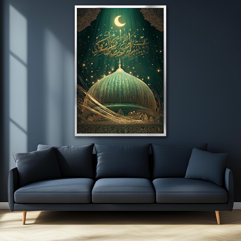 May include: A framed art print featuring a mosque dome in shades of green and gold. The artwork includes Arabic calligraphy, a crescent moon, and sparkling lights against a dark green background. The print is displayed above a blue sofa.