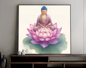 Lotus Buddha Canvas Painting, Pink Lotus Flower with Meditating Buddha Wall Art, Zen Spiritual Home Decor, Peaceful Print, Art Gift Idea