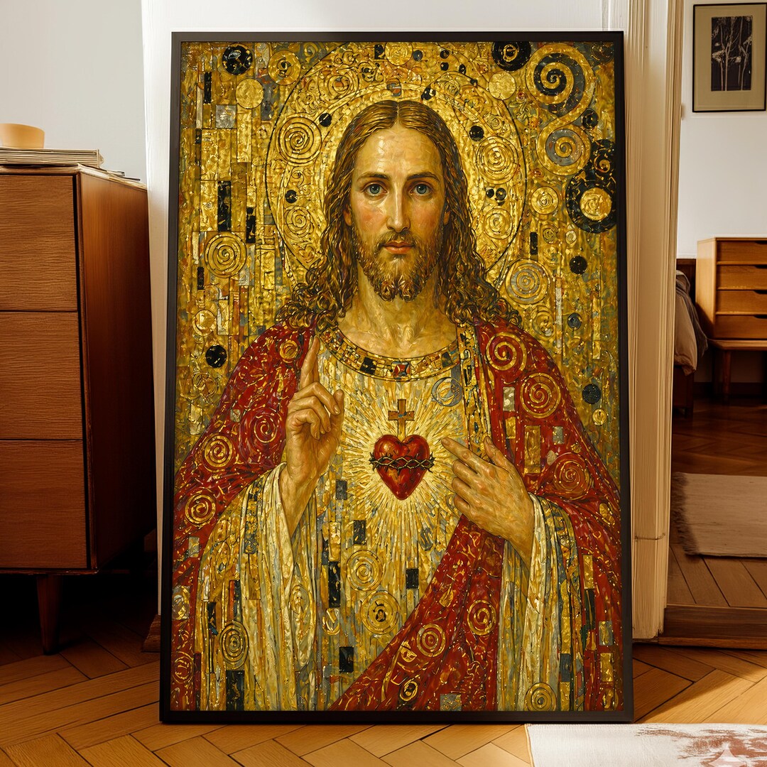 Gustav Klimt Style Jesus Canvas Painting, Sacred Heart Wall Art ...