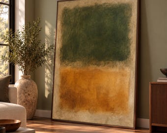 May include: A large rectangular framed wall art piece featuring two distinct horizontal colour blocks. The top section is a deep forest green, while the bottom section is a warm golden ochre, both set against a textured, neutral beige background.