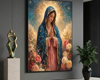 May include: A rectangular wall art print depicting a figure with a blue star-patterned head covering and a pink dress, hands clasped in prayer, surrounded by a golden halo and various pink and white roses against a blue sky background.