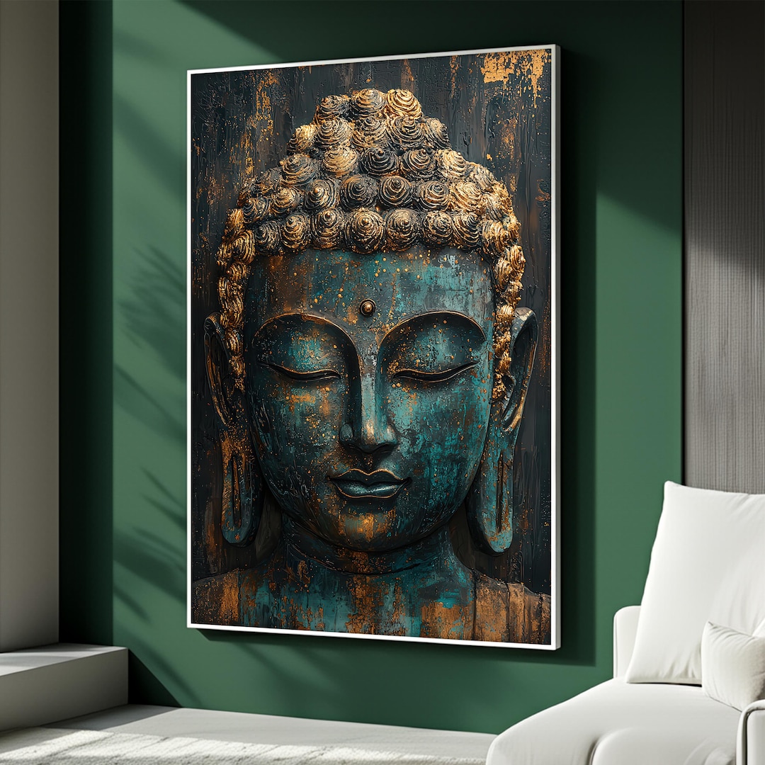Buddha Face Canvas Painting, Teal and Gold Wall Art With Rustic Look ...