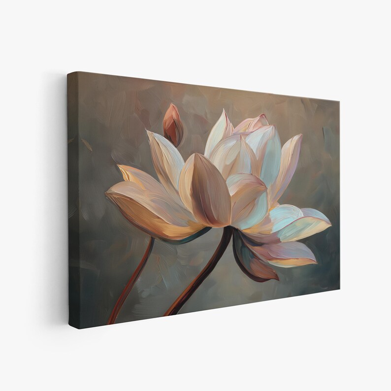 Lotus Flower Canvas Painting, Soft Neutral Floral Print, Large Framed ...