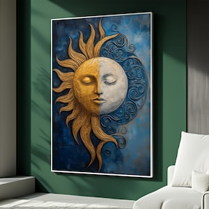 Sol och måne väggkonst kanvastavla, himmelsk sol och måne målning, bohemisk andlig dekor, yin yang väggdekor, meditationsrumdekor, presentidé
