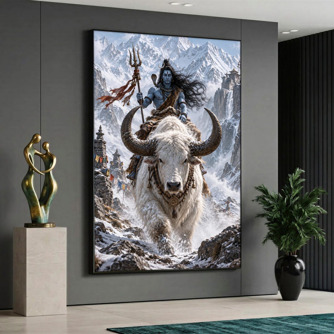 Lord Shiva Canvas Painting, Nandi Bull Wall Art, Hindu God Portrait ...