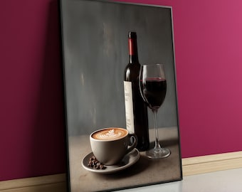 Coffee and Wine Canvas Painting, Modern Kitchen Wall Art, Barista Latte Art Print, Red Wine Artwork, Coffee Lover Gift, Wine Bar Decor