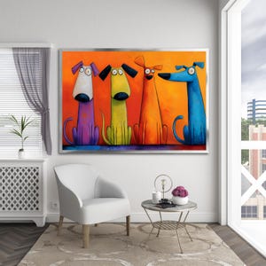May include: A framed art print depicting four colourful, stylized dogs against an orange backdrop. The dogs are in purple, yellow, orange, and blue. The artwork is displayed in a living room setting, adding a pop of colour to the space.