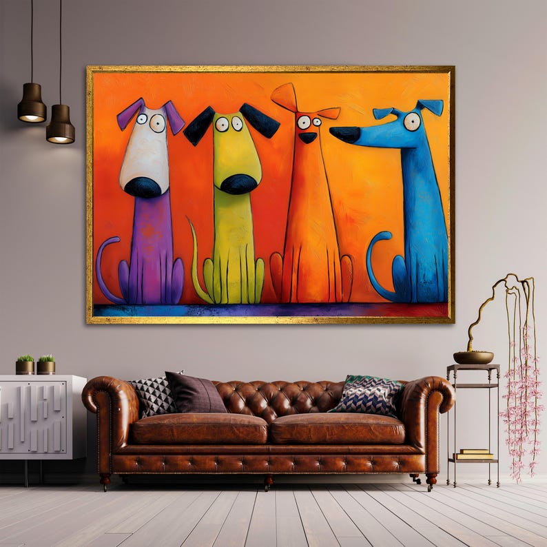 May include: A framed painting of four cartoon dogs in purple, yellow, orange, and blue. The dogs are set against an orange backdrop, within a gold frame. The artwork is displayed above a brown leather sofa in a living room.