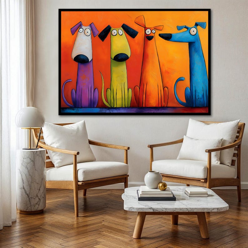 May include: A framed artwork depicting four cartoon dogs in a row. The dogs are painted in bright colours: purple, yellow, orange, and blue, with black ears and large eyes. The background is a gradient of orange and yellow.