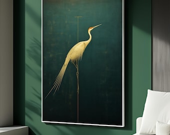 Dipinto su tela raffigurante una gru dorata, arte murale minimalista in stile giapponese in verde acqua e oro, elegante decorazione a forma di uccello per il soggiorno, regalo d'arte di lusso
