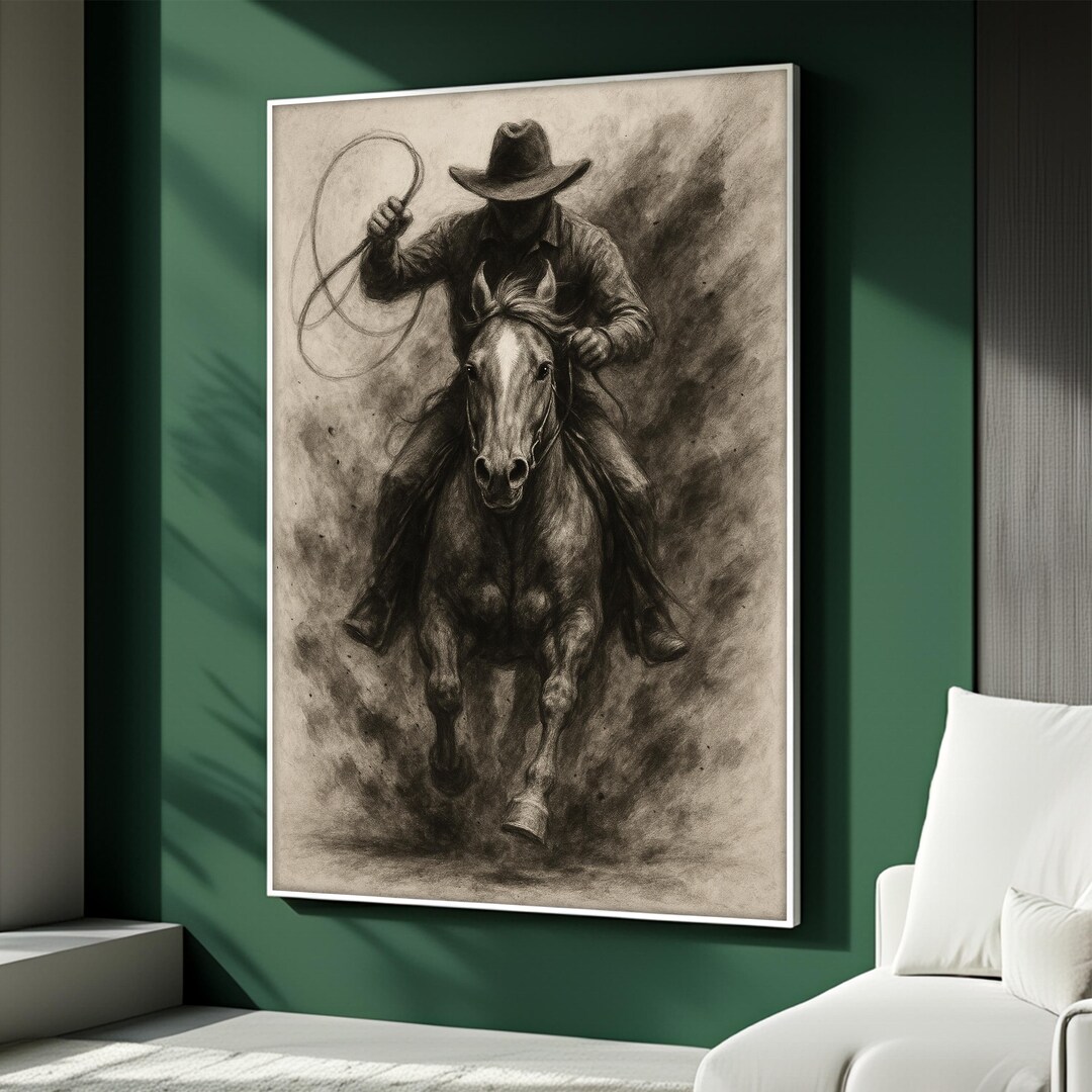 Cowboy Riding Horse Canvas Painting, Western Wall Art in Charcoal Style ...