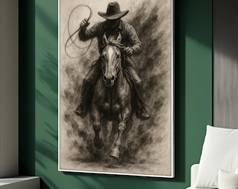 Cowboy rijpaard canvas schilderij, westelijke muurkunst in houtskoolstijl, rustieke cowboy decor voor woonkamer, mannelijke kunst cadeau