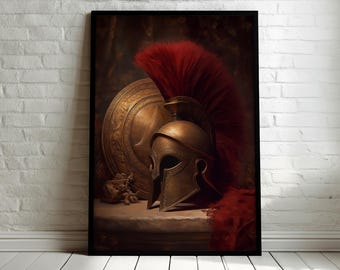 Spartan Helmet Canvas Painting, Ancient Greek Warrior Wall Art with Shield and Red Plume, Classical Decor for Home or Gift Idea