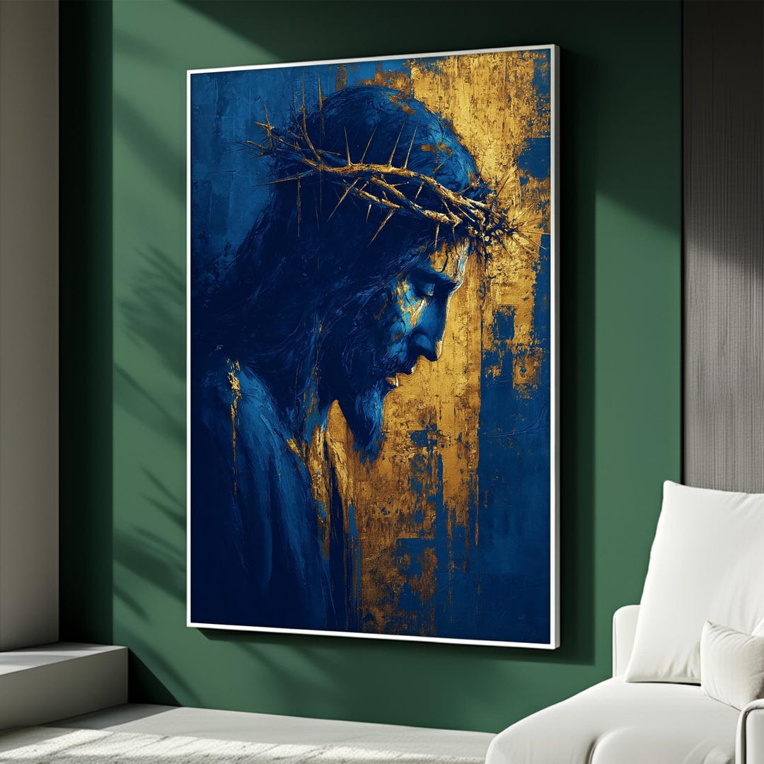Jesus Crown of Thorns Canvas Painting, Blue and Gold Religious Wall Art ...