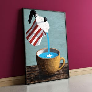 May include: A framed art print depicts a coffee pot with red and white stripes pouring blue liquid into a yellow coffee cup. The cup's contents are blue with a white star. The background is light blue.