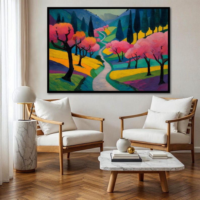 Spring Bloom Canvas Colorful Landscape Canvas Art, Pink Blossom Trees Artwork, Modern ...