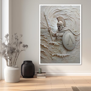May include: A textured wall art piece featuring a relief sculpture of a Spartan warrior in a helmet, holding a spear and a round shield with a lambda symbol. The figure is depicted amidst swirling, wave-like patterns in a monochromatic cream tone.