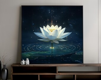 White Lotus Canvas Painting, Spiritual Lotus Wall Art for Living Room Decor, Zen Meditation Artwork, Yoga Calm Home Gift Idea