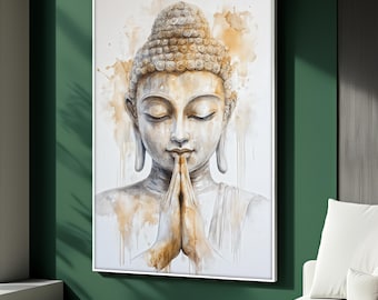 May include: A framed watercolor painting of a serene Buddha statue with closed eyes and hands in prayer. The artwork features a neutral color palette with shades of beige, brown, and white, creating a calming aesthetic. The painting is displayed on a green wall.