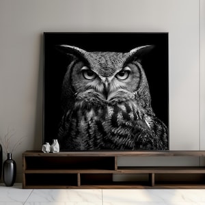Cuadro de búho en lienzo, arte mural en blanco y negro con ojos intensos, decoración animal moderna, decoración para sala de estar, regalo de arte animal