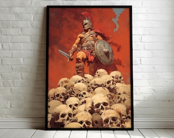 Spartan Warrior Canvas Painting, Gladiator Standing on Skulls Wall Art, Bold Red Battle Decor, Powerful Warrior Gift