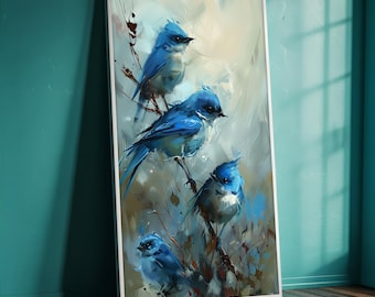 May include: A framed art print featuring four blue birds perched on branches. The birds have a vibrant blue plumage and are set against a soft, painterly background with neutral tones. The artwork is displayed in a white frame.
