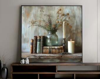 Vintage stilleven canvas muurkunst, rustieke boerderij decor, antieke boeken en bloemen print, Cottagecore huis muur decor, cadeau-idee