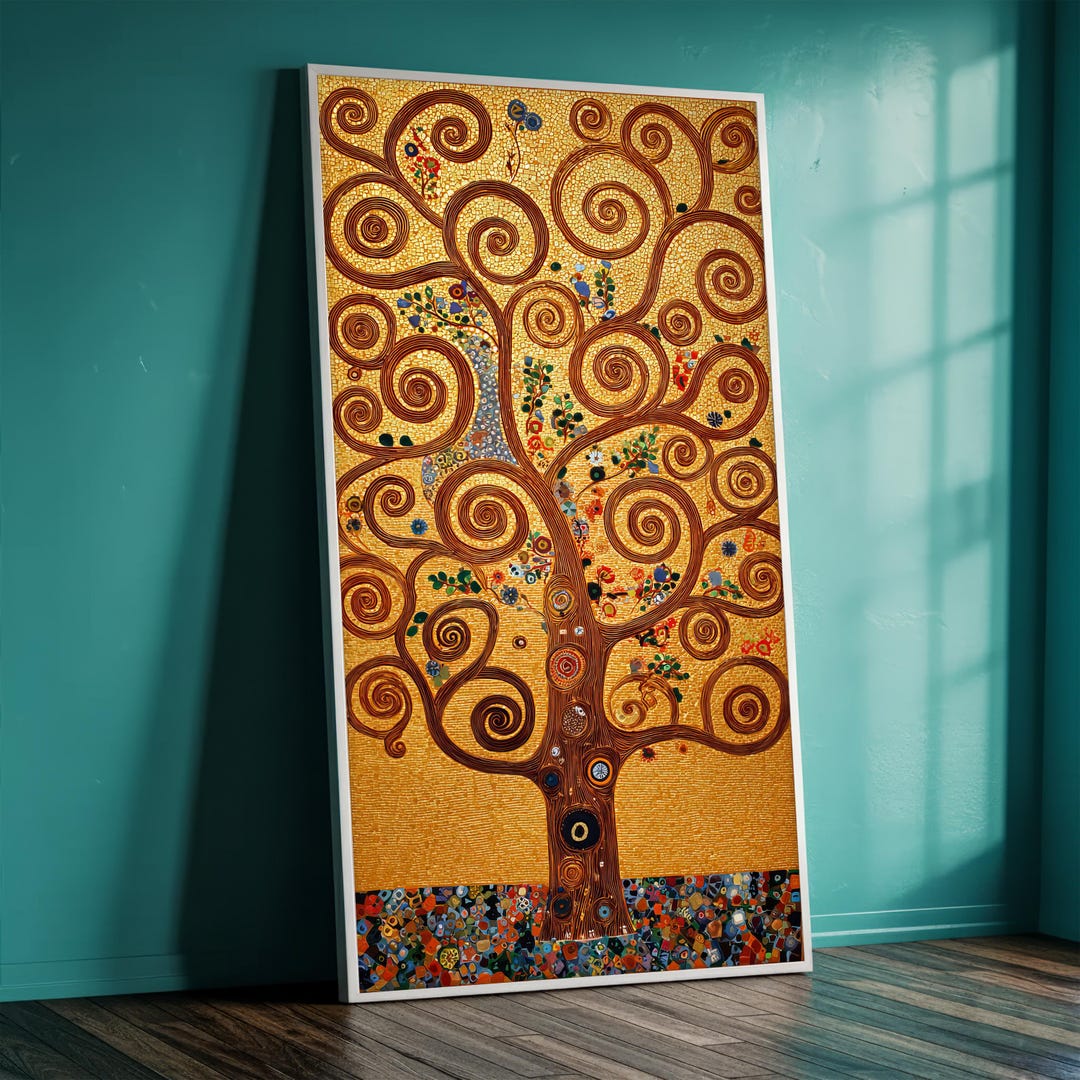 Gustav Klimt Tree of Life Inspired Canvas Painting, Golden Spiral Wall ...