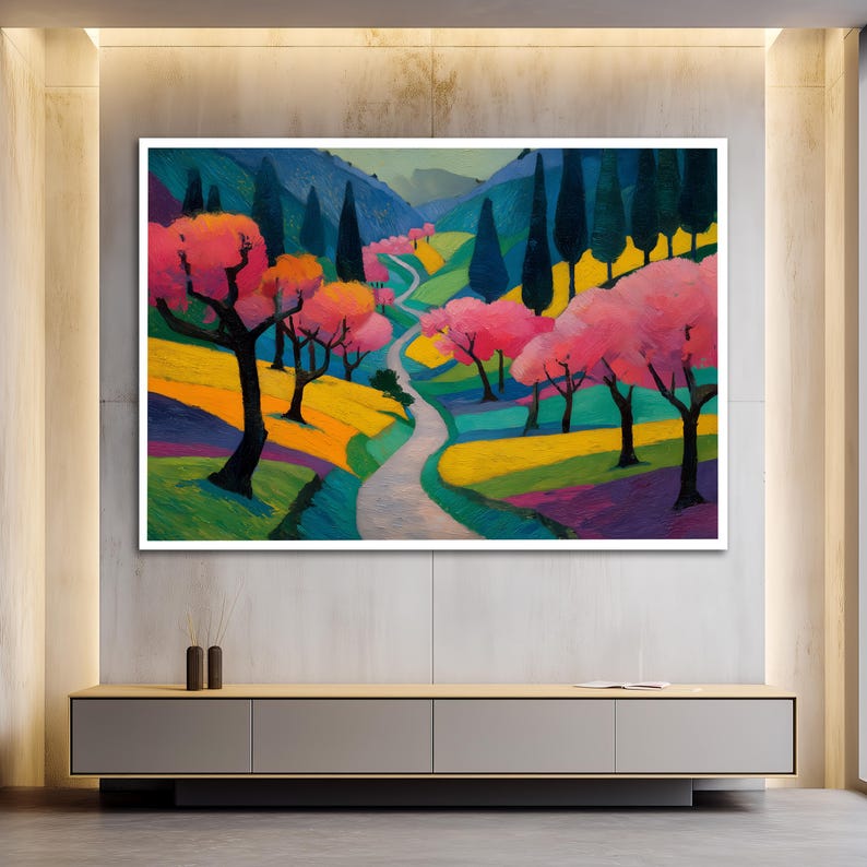 Spring Bloom Canvas Colorful Landscape Canvas Art, Pink Blossom Trees Artwork, Modern ...
