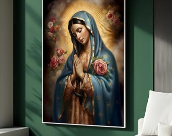 May include: A framed portrait of a woman in a blue veil, hands clasped in prayer. The artwork features a golden halo, roses, and a detailed depiction of the subject's clothing. The color palette includes blues, golds, and soft pinks.