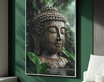May include: A framed artwork depicting a serene Buddha statue in a lush, green environment. The statue is carved from wood, with water droplets suggesting rainfall. The artwork is mounted on a dark green wall, with a white frame.