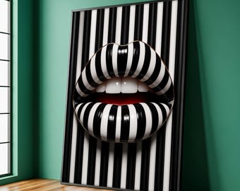 May include: A framed artwork featuring a pair of lips with black and white striped design. The lips are open, revealing white teeth and a red interior. The background has vertical black and white stripes.