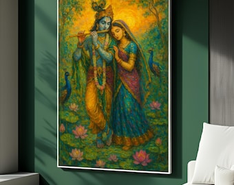 Radha Krishna Canvas Print, Spiritual Indian Wall Art with Lotus and Peacock, Vibrant Hindu Couple Artwork, Divine Love Art, Art Gift