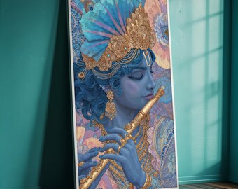 May include: A framed art print featuring a blue-skinned figure playing a golden flute. The figure wears ornate gold jewelry and a feathered headdress. The background includes floral and paisley patterns in shades of blue, pink, and gold.