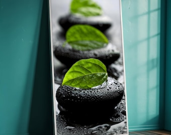 Zen-Steine und grünes Blatt Leinwandkunst, Spa-Wandkunst mit Wassertropfen, minimalistisches Naturposter, Badezimmerdekor, beruhigende Wellness Geschenkidee