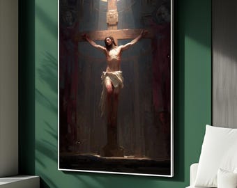 Pintura en lienzo de la crucifixión de Jesús, arte mural de Cristo en la cruz, decoración de la pasión cristiana, arte espiritual religioso, regalo perfecto