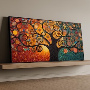 May include: A framed canvas art print depicting a stylized tree. The artwork uses a mosaic of colours, including orange, yellow, red, and green, with detailed spiral patterns. The tree trunk is black, and the artwork is displayed on a wooden shelf.