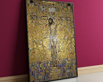 Gold Christus Leinwanddruck im Gustav Klimt Stil, religiöse Wandkunst für Wohnzimmer oder Kapelle, einzigartiges spirituelles Dekor, christliches Kunst Geschenk