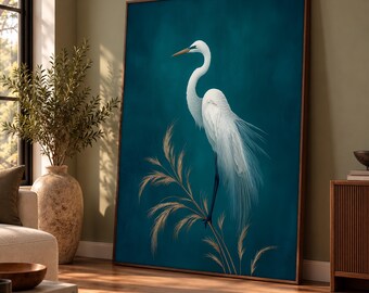 White Egret Painting, Dark Teal Heron Canvas Print, Elegant Coastal Bird Wall Art, Moody Marsh Landscape Artwork, Nature Lover Gift