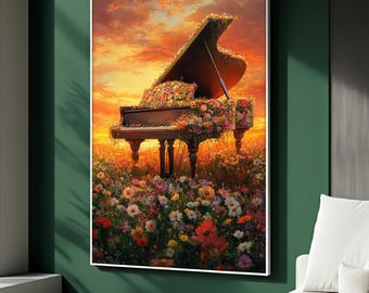 Floral Piano Wall Art, Sunset Music Canvas Painting, Romantic Abstract Decor for Living Room, Nature Harmony Art Print, Perfect Gift