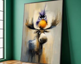 Cute Moose And Colorful Bird Canvas Painting, Whimsical Animal Wall Art, Funny Home Decor, Stylish Room Art, Perfect Gift