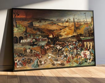 May include: Framed print of a historical painting depicting a chaotic scene with numerous figures, buildings, and a dark, ominous sky. The artwork features a variety of colors and detailed imagery, showcasing a complex narrative.
