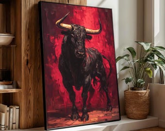 Leistungsstarke Stier-Wanddekoration, kräftige rote abstrakte Kunst-Druck, moderne maskuline Malerei für Büro oder Wohnzimmer, dynamische Tiergrafik