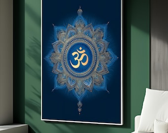 Könnte beinhalten: Gerahmter Wandkunstdruck mit einem detaillierten Mandala-Design in Blau- und Goldtönen. Das zentrale Om-Symbol in Gold ist von aufwendigen Mustern umgeben. Das Kunstwerk ist vor einem dunkelblauen Hintergrund platziert.
