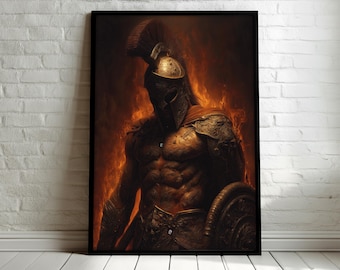 Flaming Spartan Warrior Canvas Painting, Fierce Fire Armor Wall Art with Helmet and Shield, Intense Warrior Scene, Bold Art Gift