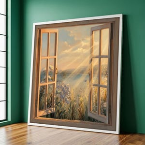 May include: A framed artwork depicts an open window overlooking a serene landscape. The window frame is brown with a white border. The artwork showcases a sunny sky, a body of water, and wildflowers. Sunlight streams through the open window.